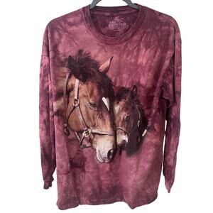 The Mountain Adult Long Sleeve T-shirt Burgundy Tie Dye Love Horses, Size M